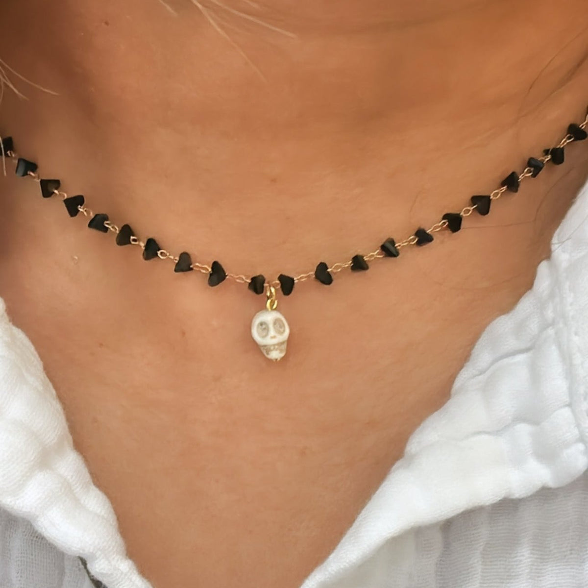 Skull Charm Necklace with Black Beaded Chain