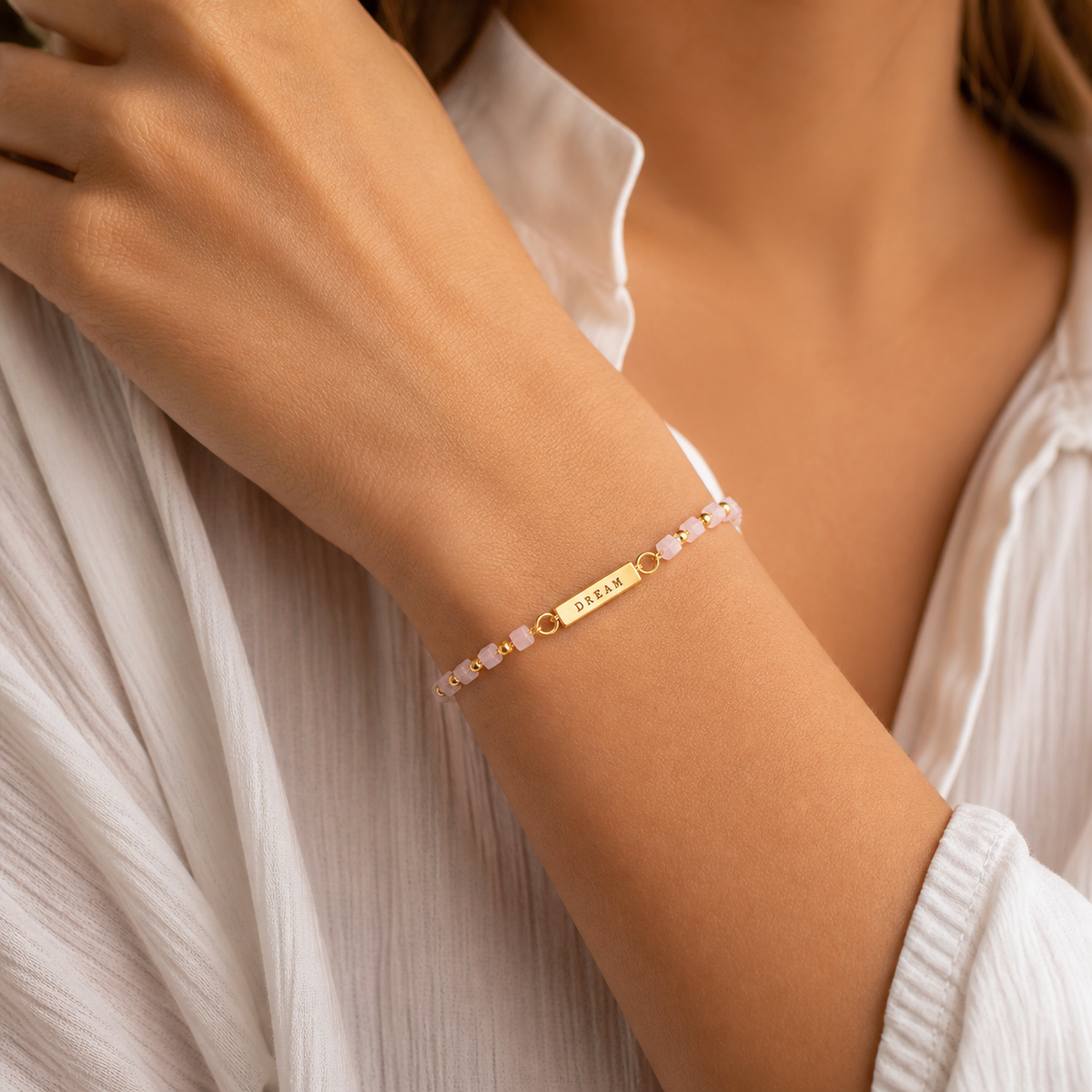 "DREAM" Personalized Gold Bar Bracelet – Custom Word Engraved Bracelet with Pink Beads – Dainty Minimalist Jewelry Gift for Her - Wynwood Shop
