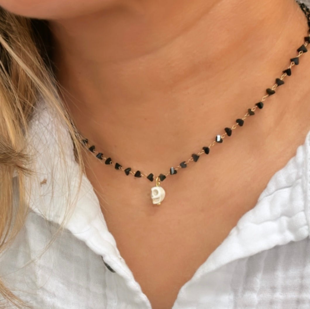 Skull Charm Necklace with Black Beaded Chain