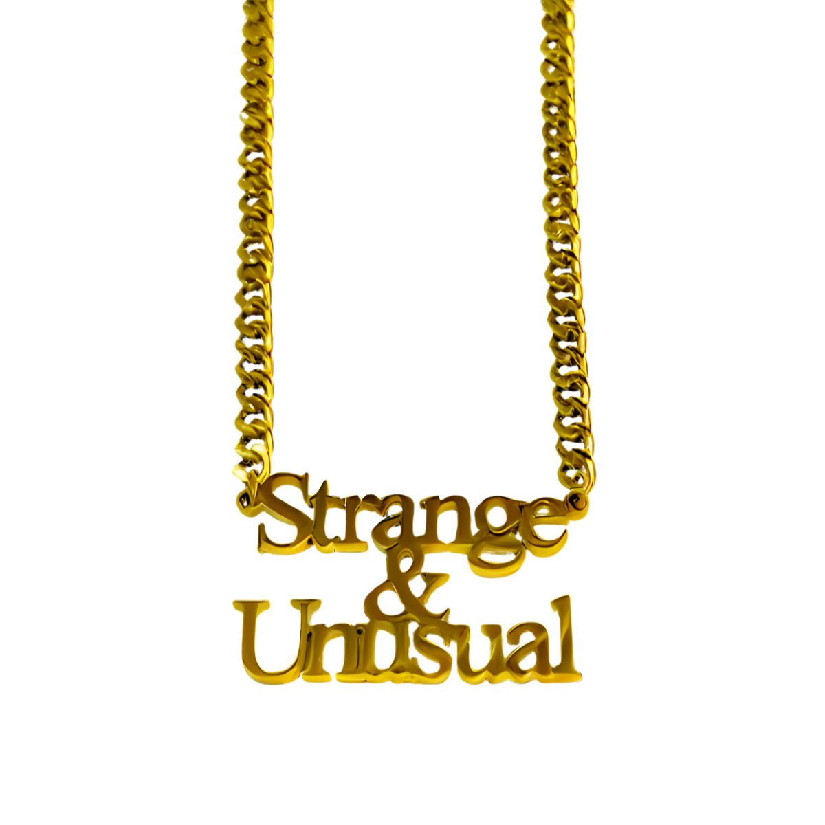 Strange and Unusual Necklace, 14K Gold Plated Stainless Steel, Gothic Beetlejuice Quote Pendant, Unisex Fashion Jewelry - Wynwood Shop