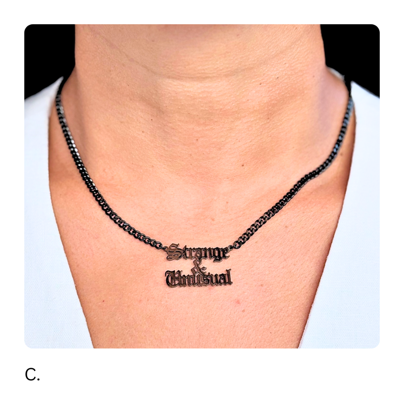 Strange and Unusual Necklace, 14K Gold Plated Stainless Steel, Gothic Beetlejuice Quote Pendant, Unisex Fashion Jewelry - Wynwood Shop