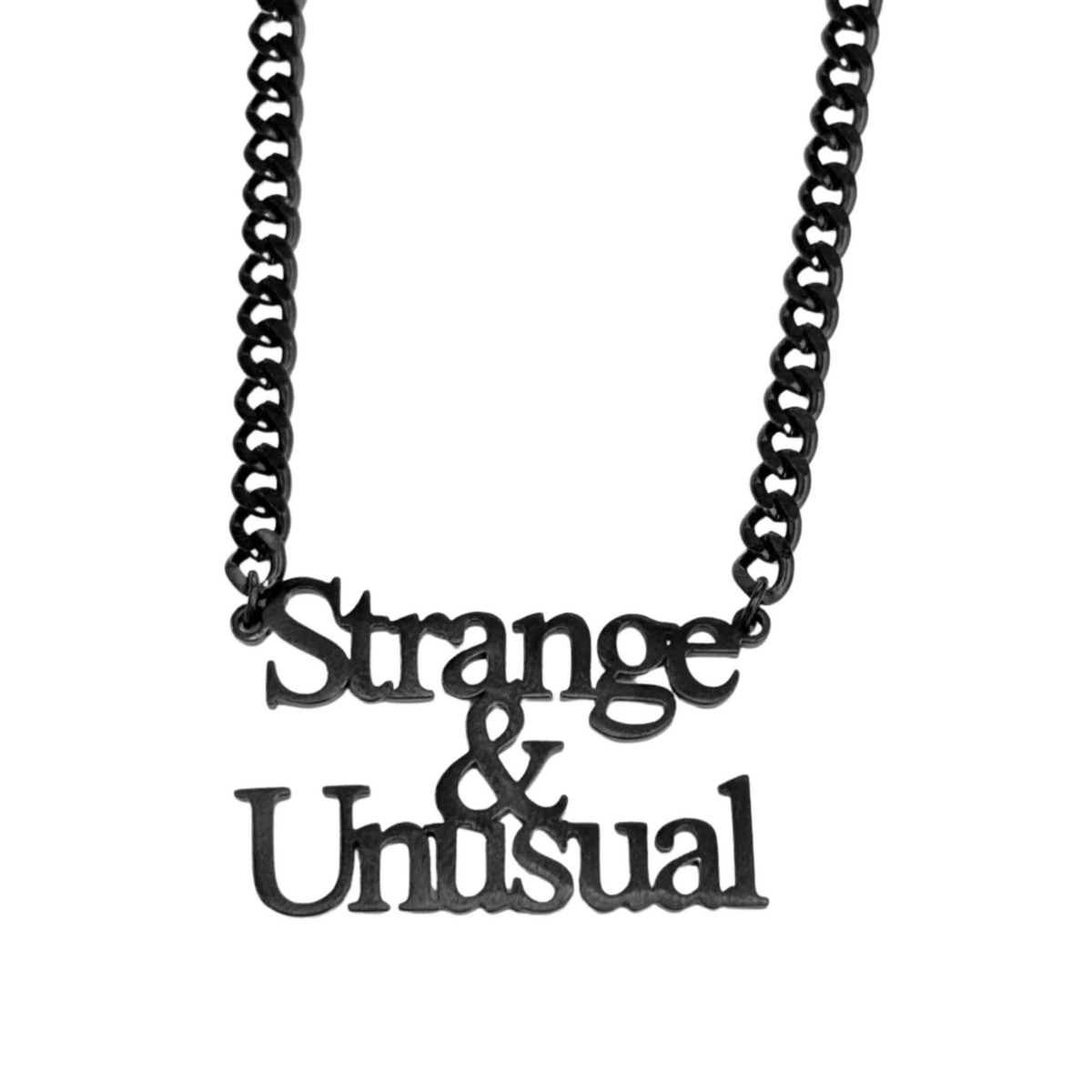 Strange and Unusual Necklace, 14K Gold Plated Stainless Steel, Gothic Beetlejuice Quote Pendant, Unisex Fashion Jewelry - Wynwood Shop